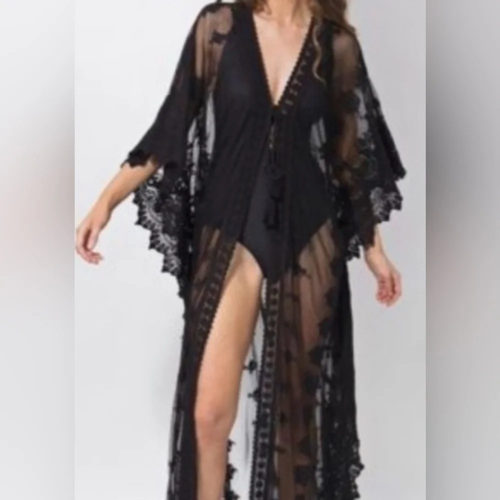 Sheer Black Lace Swim Coverup Kimono - Picture 10 of 12